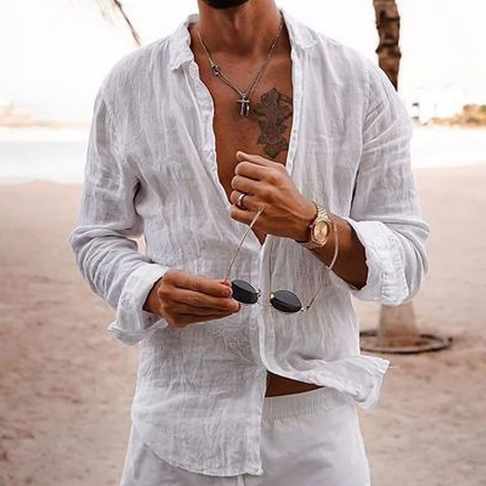 Men's cotton linen relaxed fit casual shirt breathable lightweight natural drape everyday vacation wear