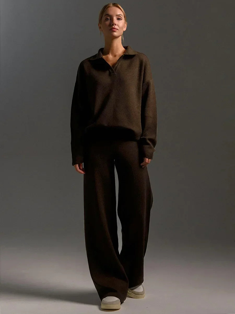 Beige knitted two-piece lounge set with long-sleeve polo top and wide-leg pants