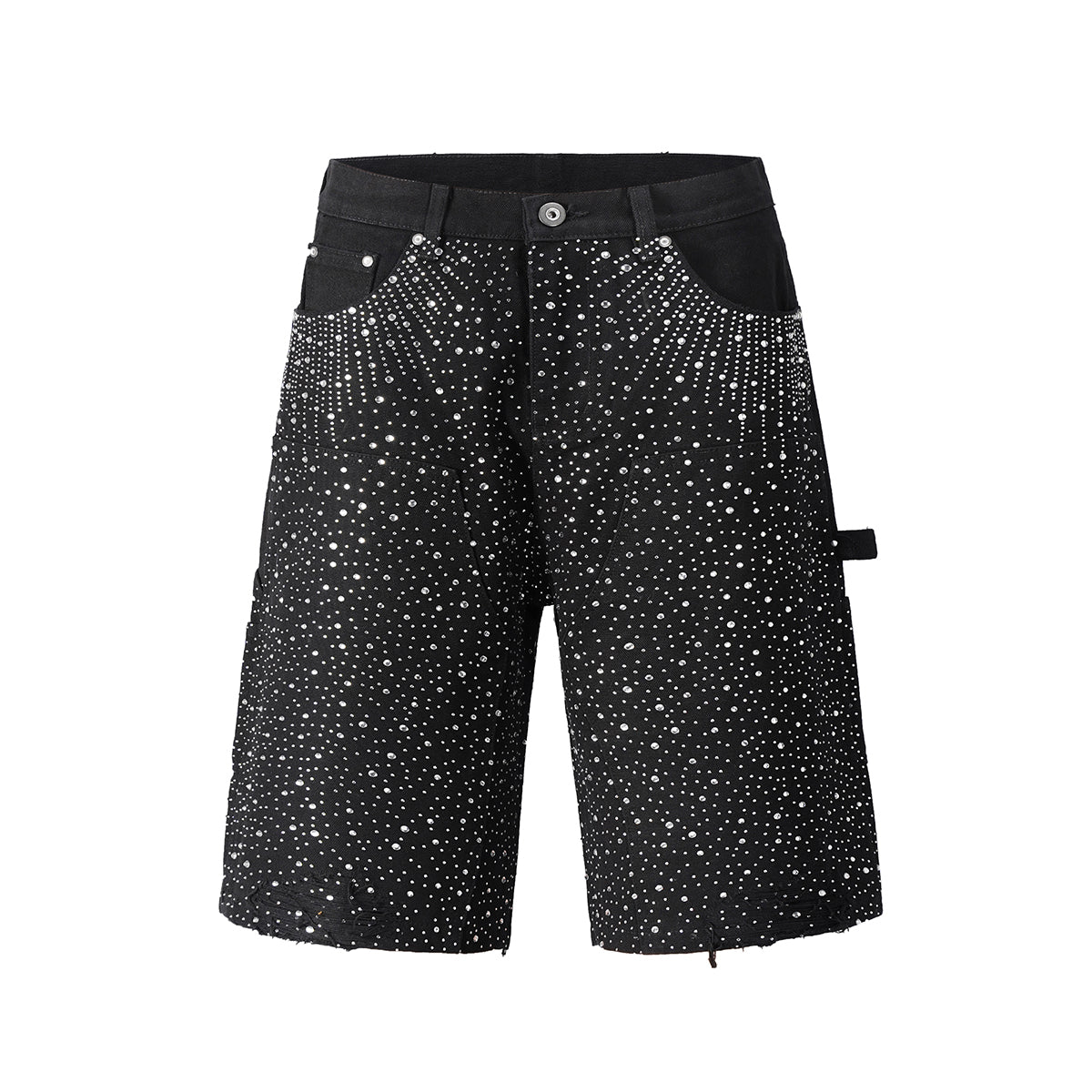 Light blue calf-length distressed denim shorts with sparkling rhinestone embellishments and gradient fade wash