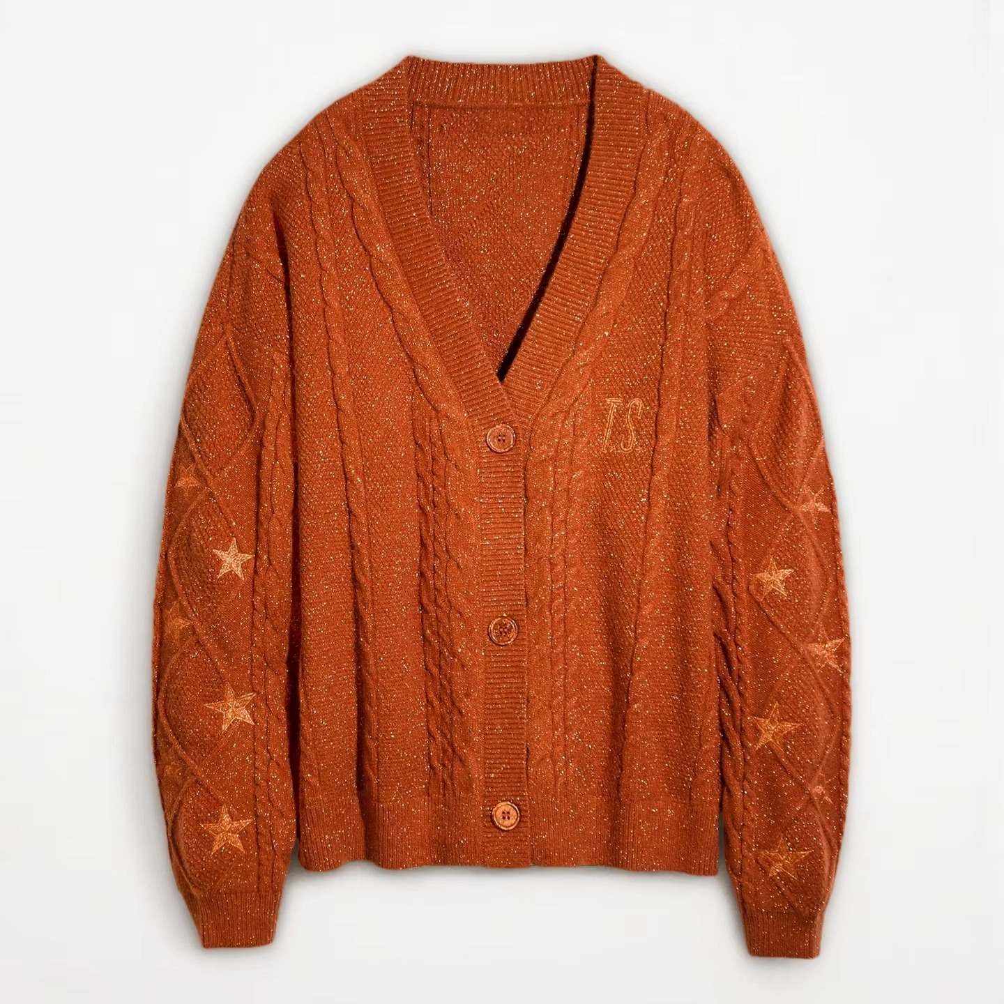 Women's autumn red maple leaf embroidered midweight knit cardigan with cozy seasonal charm