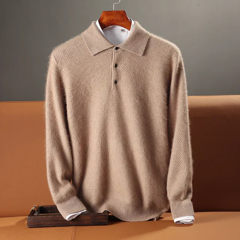 Men's relaxed fit wool polo sweater with ribbed edges and button closure for cozy warmth