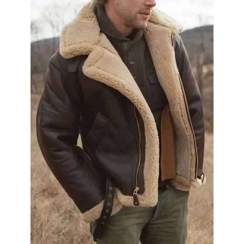 Men's brown aviator jacket with plush lining, rugged winter outerwear with classic flight-inspired silhouette