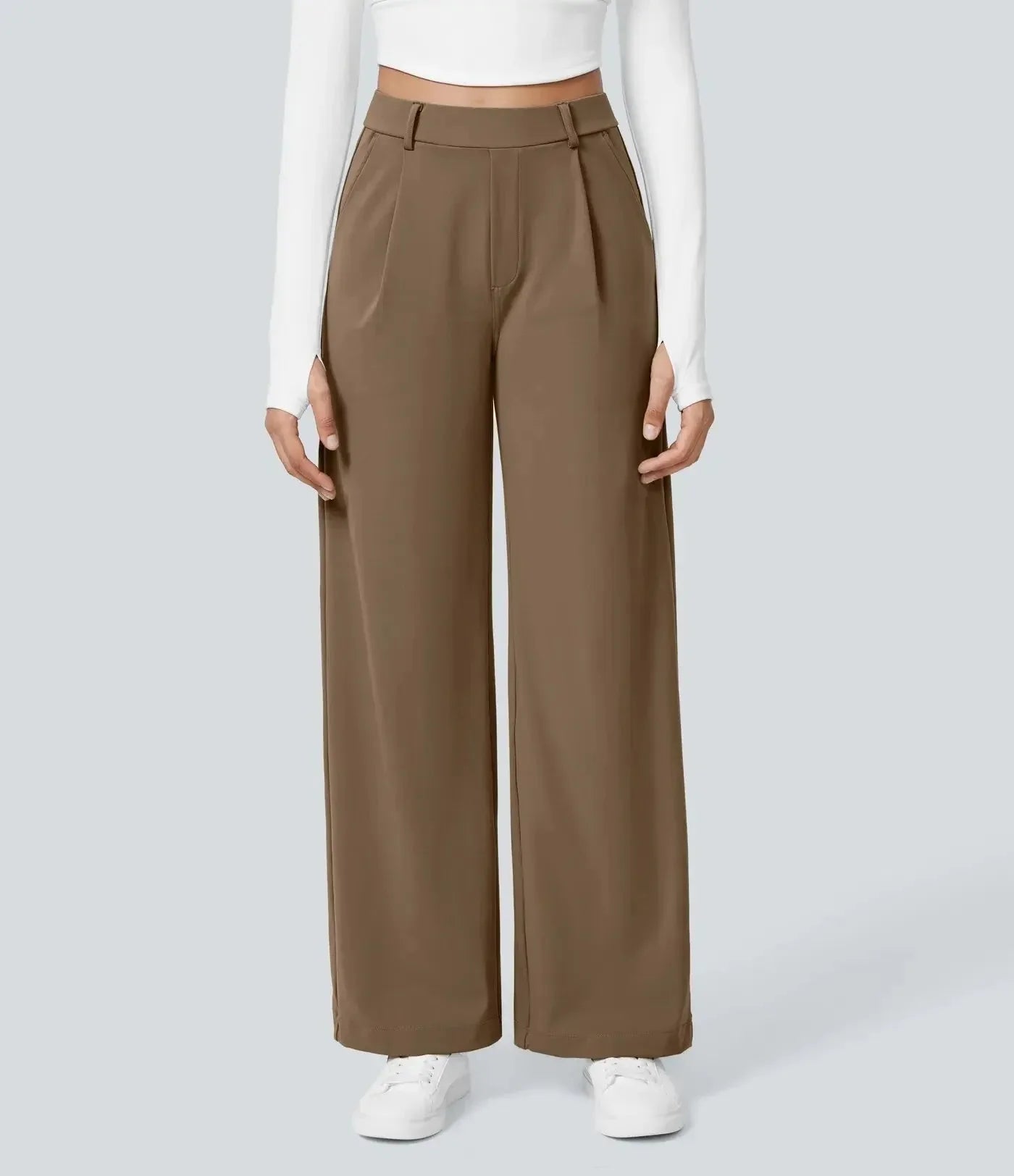 Donna wide-leg trousers high waist pleats tailored chic beige relaxed silhouette office-to-evening