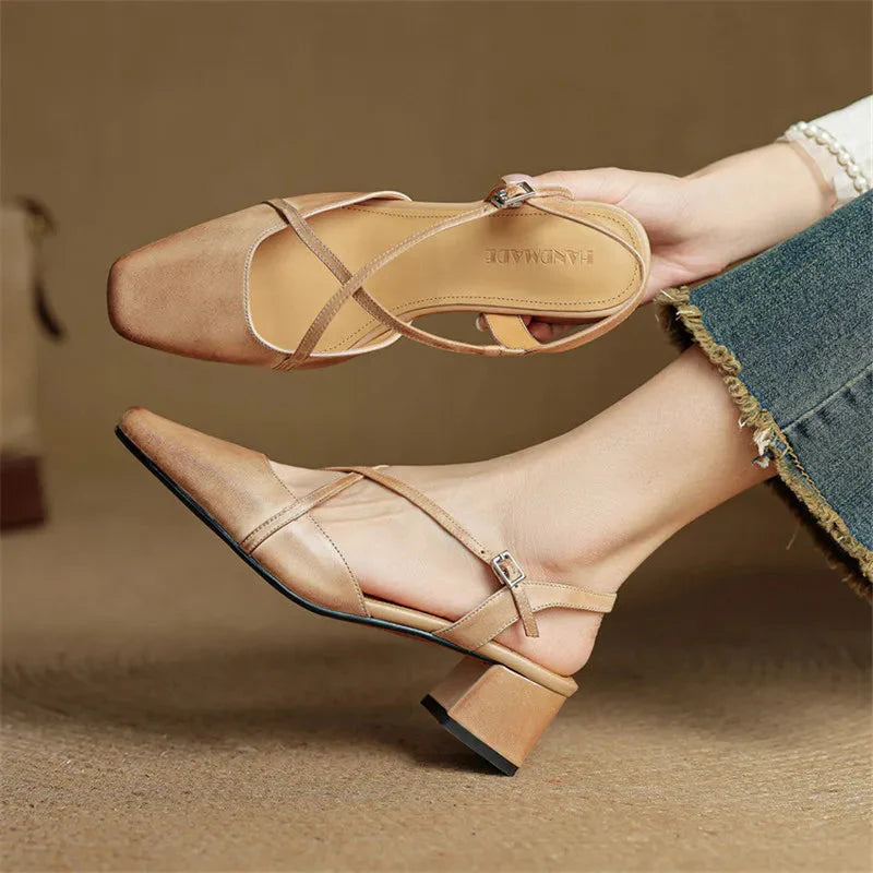 Women's square toe Mary Jane slingback block heels in classic style with secure ankle strap