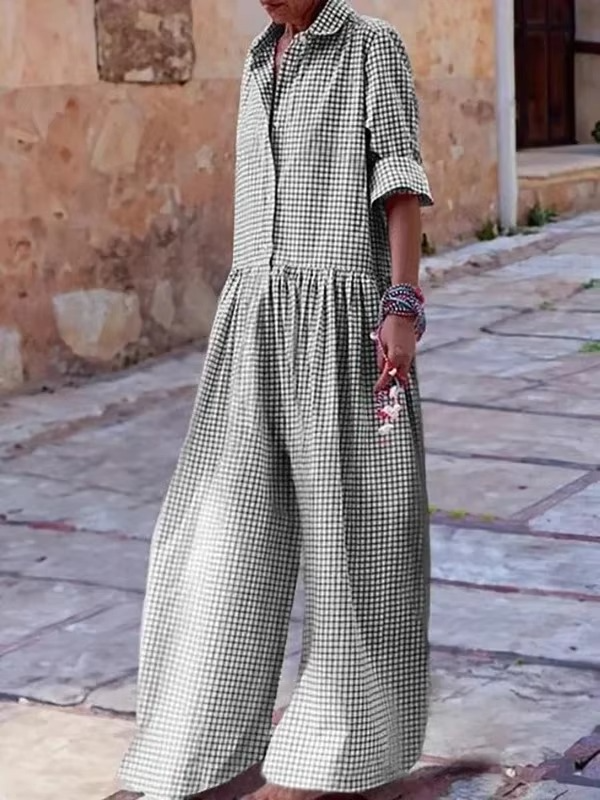 Plaid wide leg women's jumpsuit with lapel collar in classic checkered pattern relaxed fit