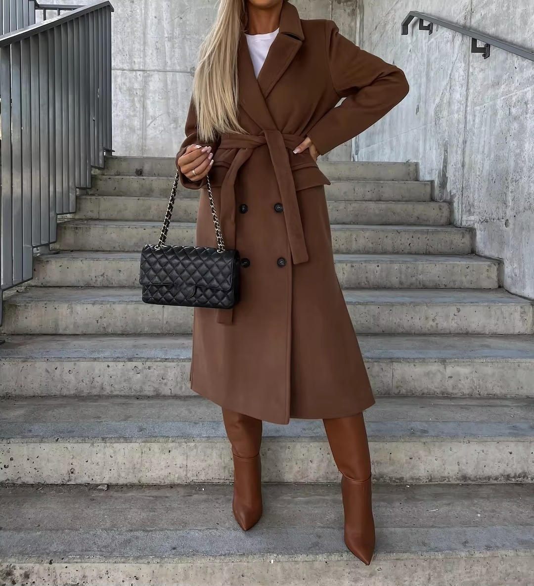 Women's long winter trench coat in classic beige with notched collar and structured button placket