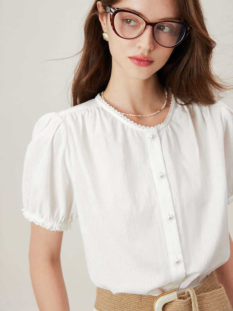 Amélie Violette women's cotton blouse relaxed fit ribbed neckline pearl embellishments vintage style