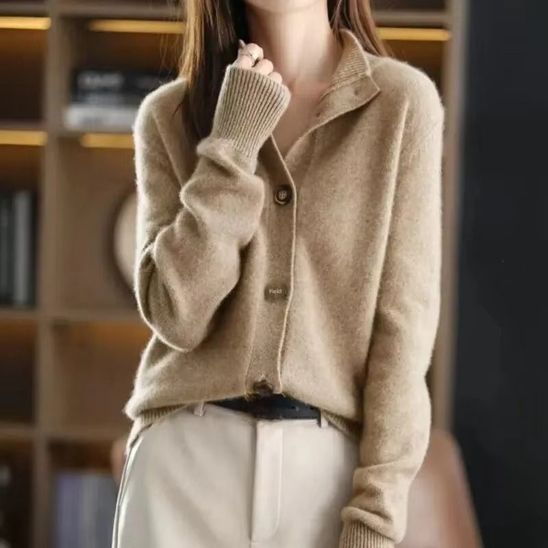 Women's knit cardigan jacket stand collar cozy autumn winter warm versatile layering piece