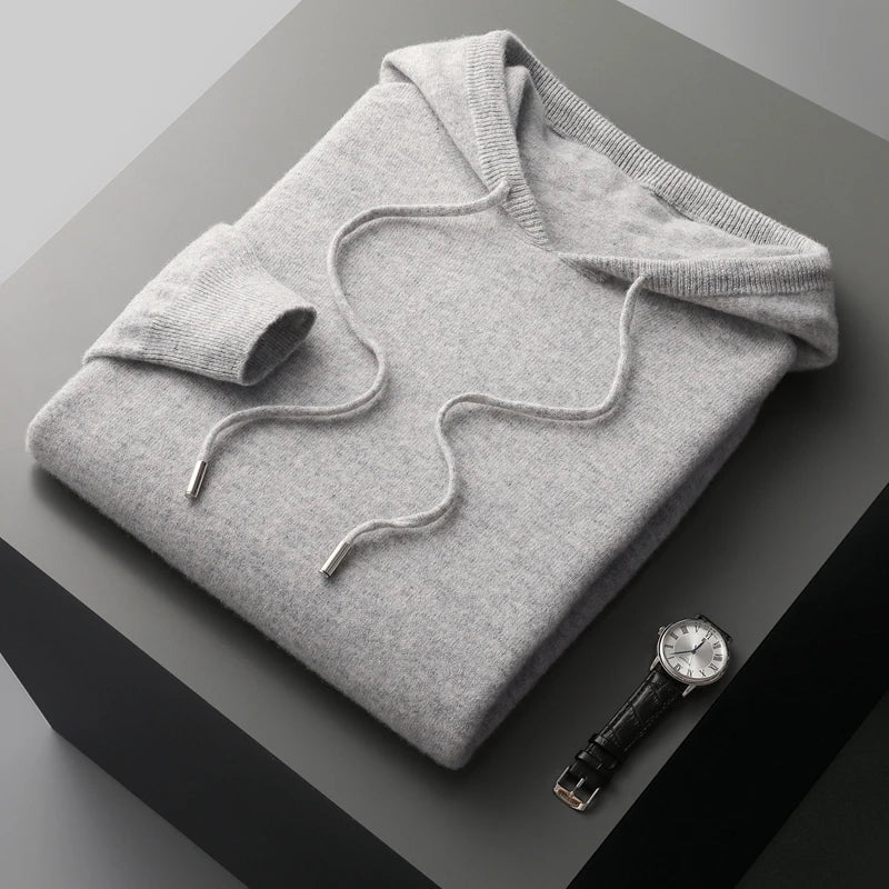 Men's light gray merino wool hoodie minimalist slim-fit sustainably sourced lightweight knit