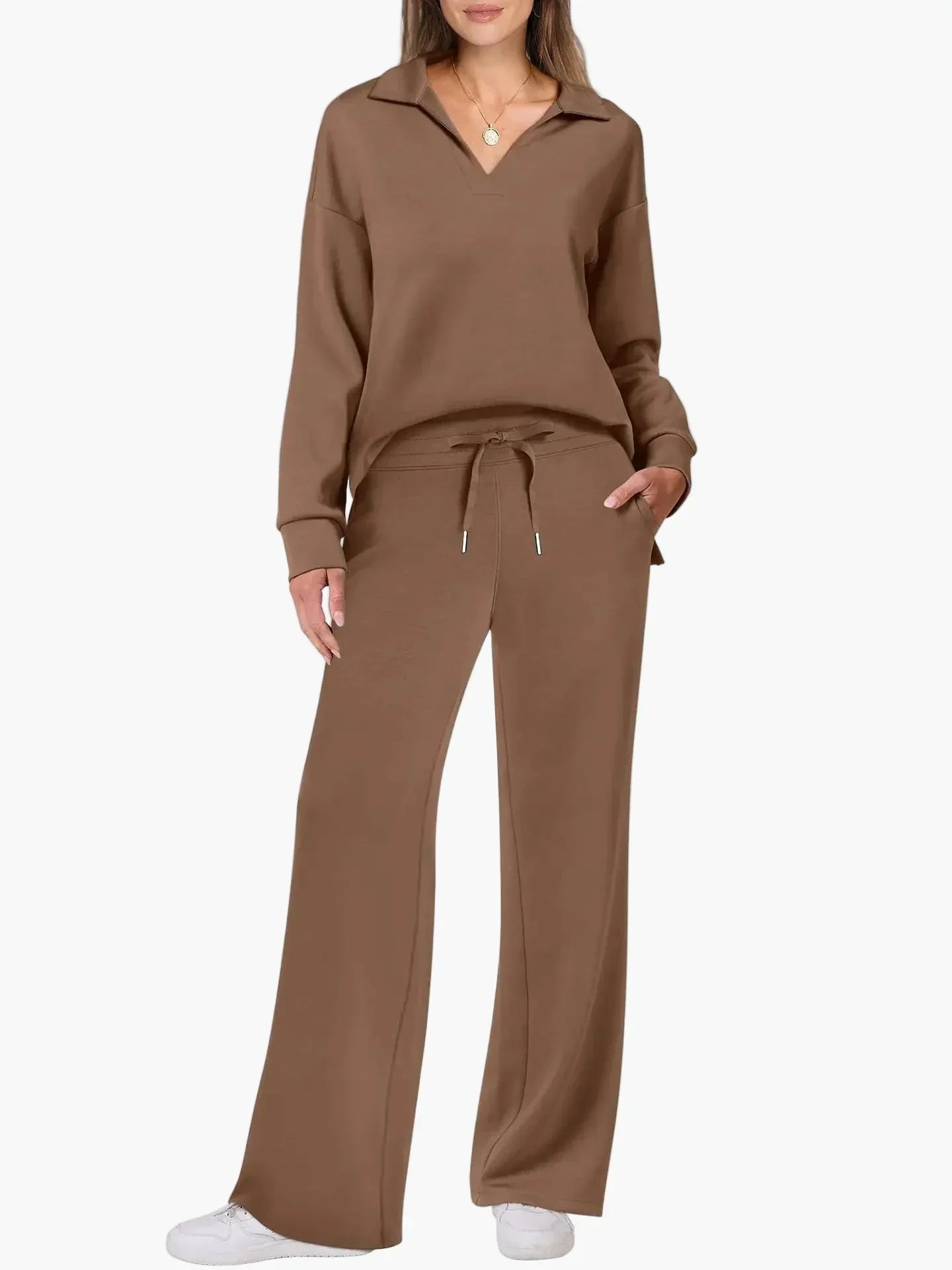 Women's lounge set wide leg pants V-neck collar top relaxed fit travel-ready comfort leisure wear