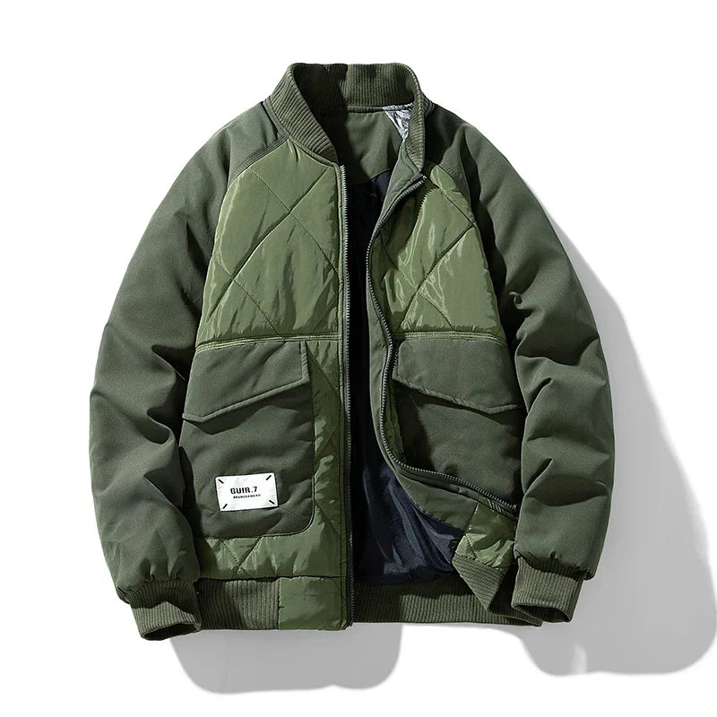 Unisex quilted cargo jacket bomber silhouette lightweight insulated with multiple cargo pockets