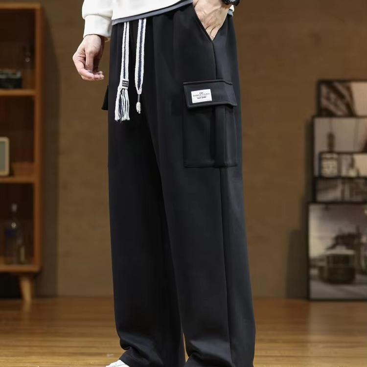 Men's cotton drawstring sweatpants loose straight-leg multi-pocket design available up to 8XL