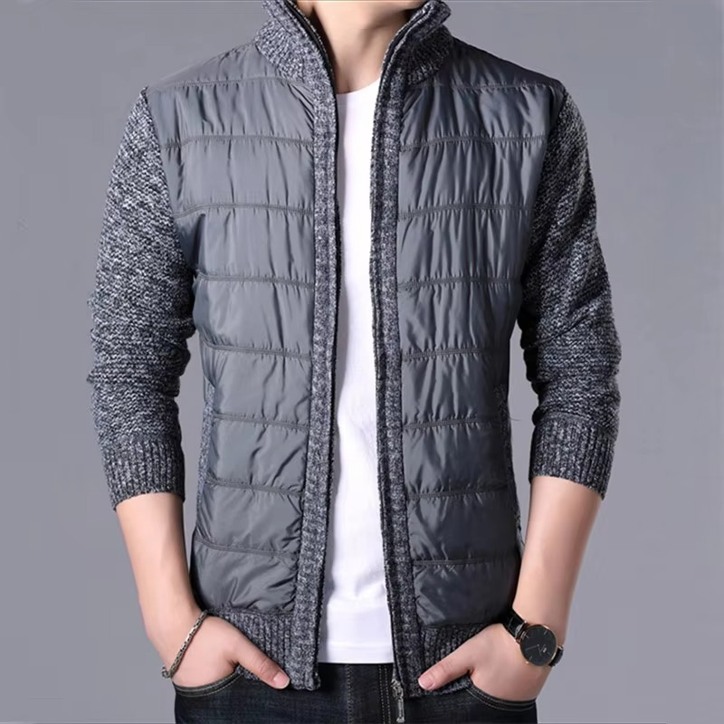 Men's thick knit patchwork cardigan coat midweight cozy outerwear in neutral tones modern fit