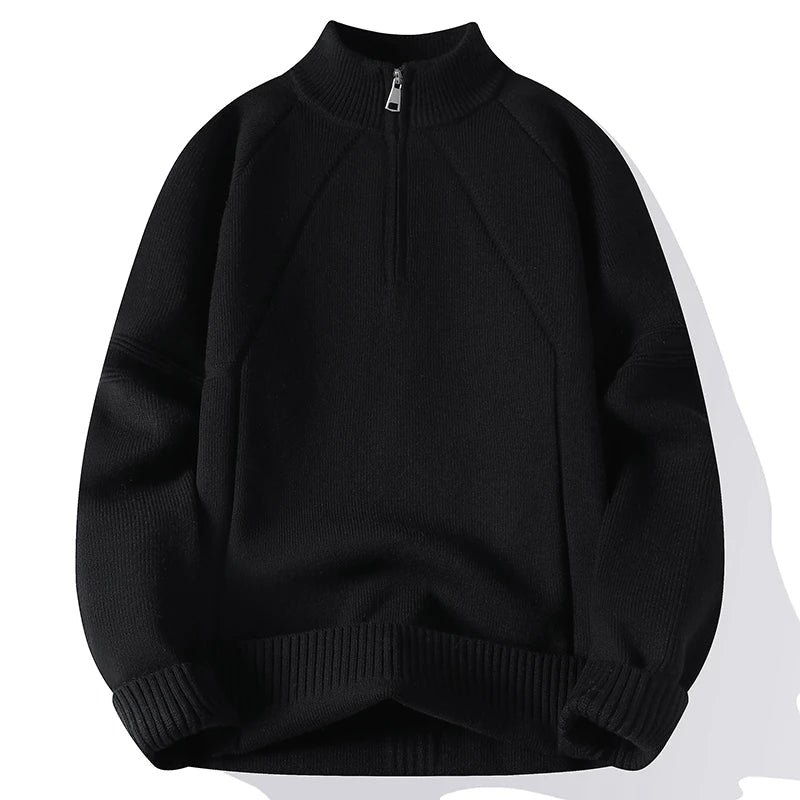 Men's mock neck half-zip knit sweater, versatile base layer with adjustable zip collar