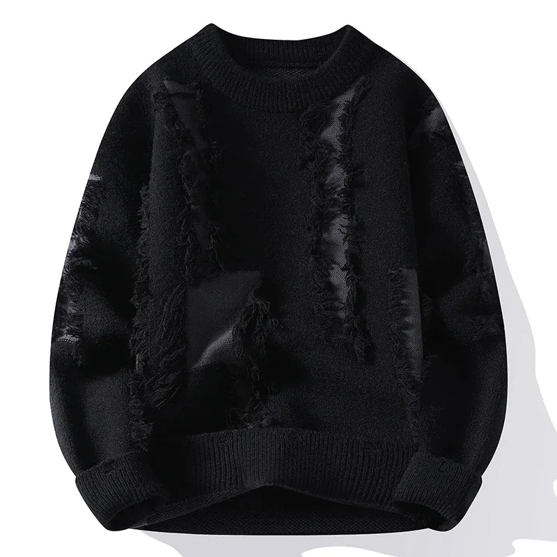 Distressed frayed knit sweater relaxed fit streetwear style with layered color block design