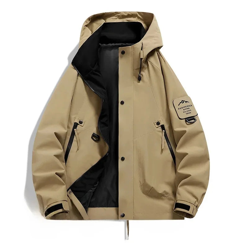 Unisex half-zip hooded ski jacket in neutral tones, modern cold-weather coat for men and women