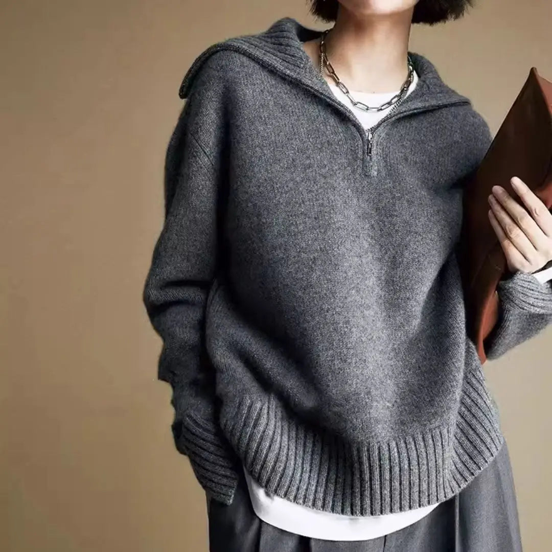 Women's loose fit wool sweater in neutral tone, high neck half zip, 100% wool luxe knit