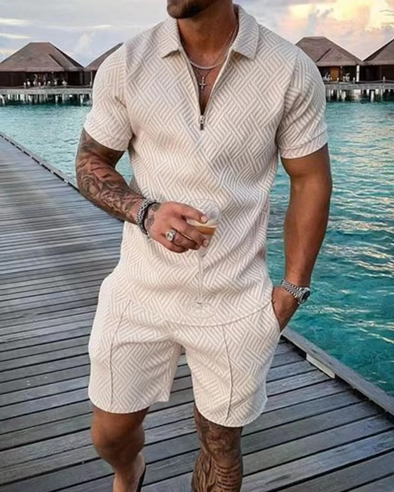 Men's blue Hawaiian polo shorts set with bold 3D printed tropical streetwear pattern, breathable matching outfit