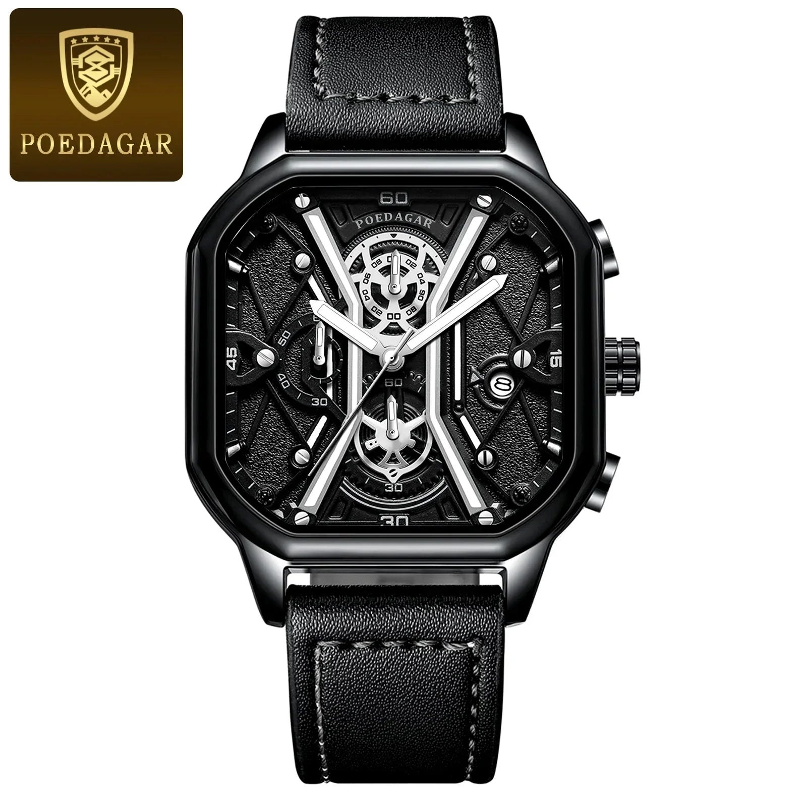 Poedagar skeleton chronograph men's watch black case gold accents exposed gearwork dial