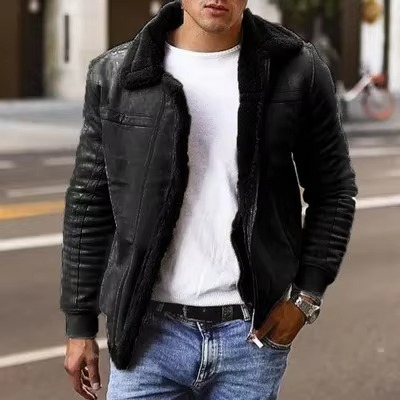 Men's black faux fur pilot bomber jacket with shearling lining, rugged winter silhouette