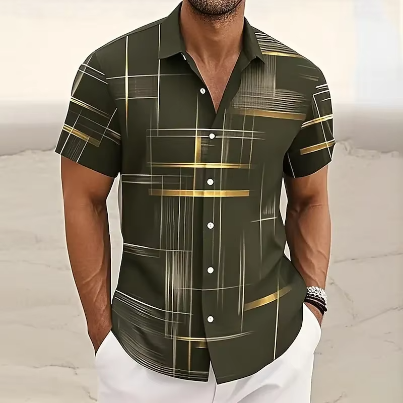 Men's short sleeve button-down shirt bold 3D geometric plaid print breathable casual fit