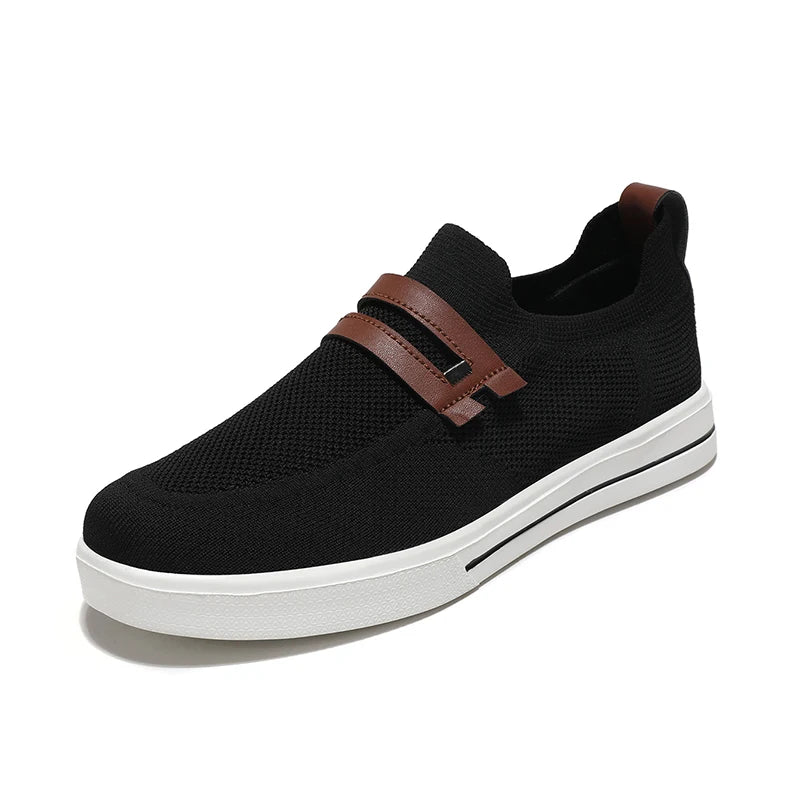Men's slip-on knit mesh shoes in neutral tones, lightweight breathable design with cushioned EVA foam sole