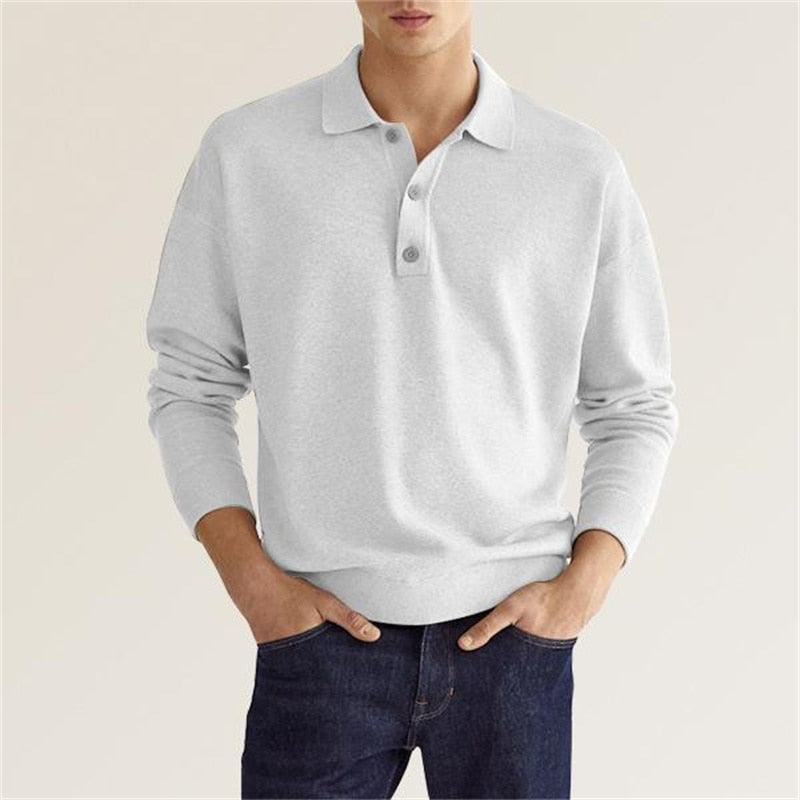 Men's long sleeve polo shirt relaxed fit classic button placket elegant casual style