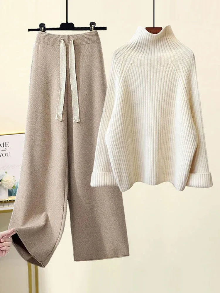 Wool blend turtleneck sweater wide leg pants two-piece set oversized ribbed cuffs casual women