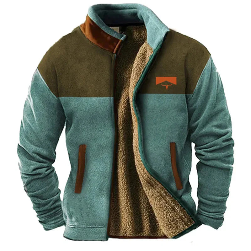 Men's relaxed fit color block fleece jacket with cozy warmth and bold contemporary paneling