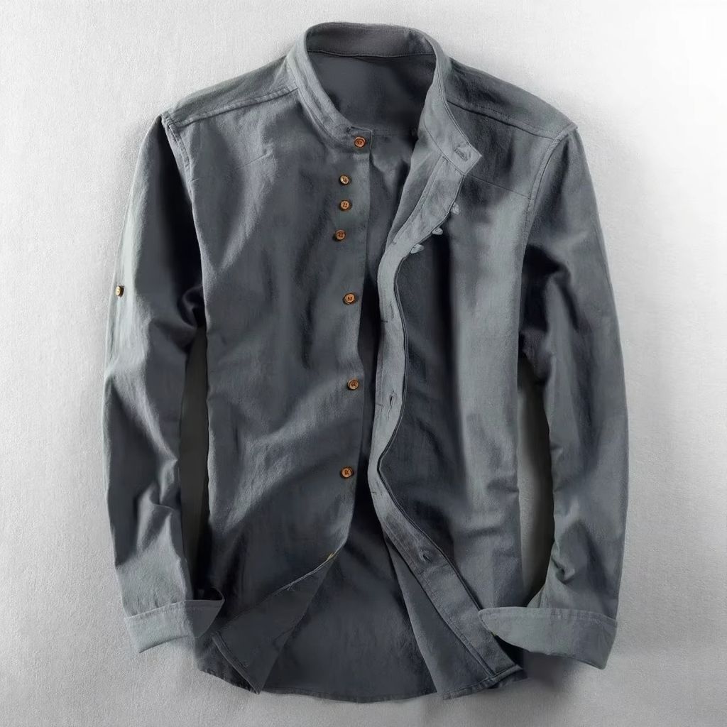 Men's slim-fit cotton linen shirt with stand collar in neutral tone for casual refined style