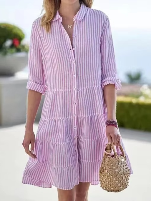 Women's oversized striped shirt dress with turn-down collar and long sleeves, relaxed fit