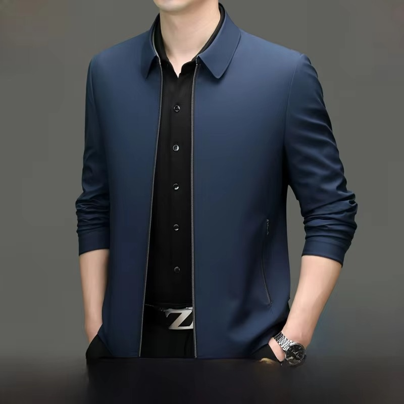 Men's silk blend loose fit jacket with straight hemline, lightweight breathable fabric for polished style