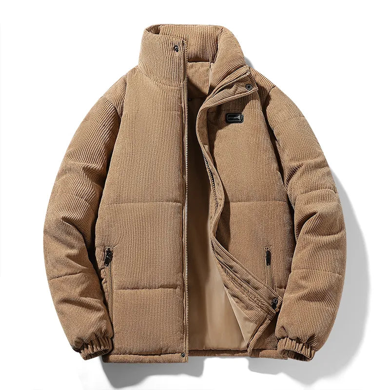 Men's insulated padded weatherproof jacket for cold winter weather warmth and modern style
