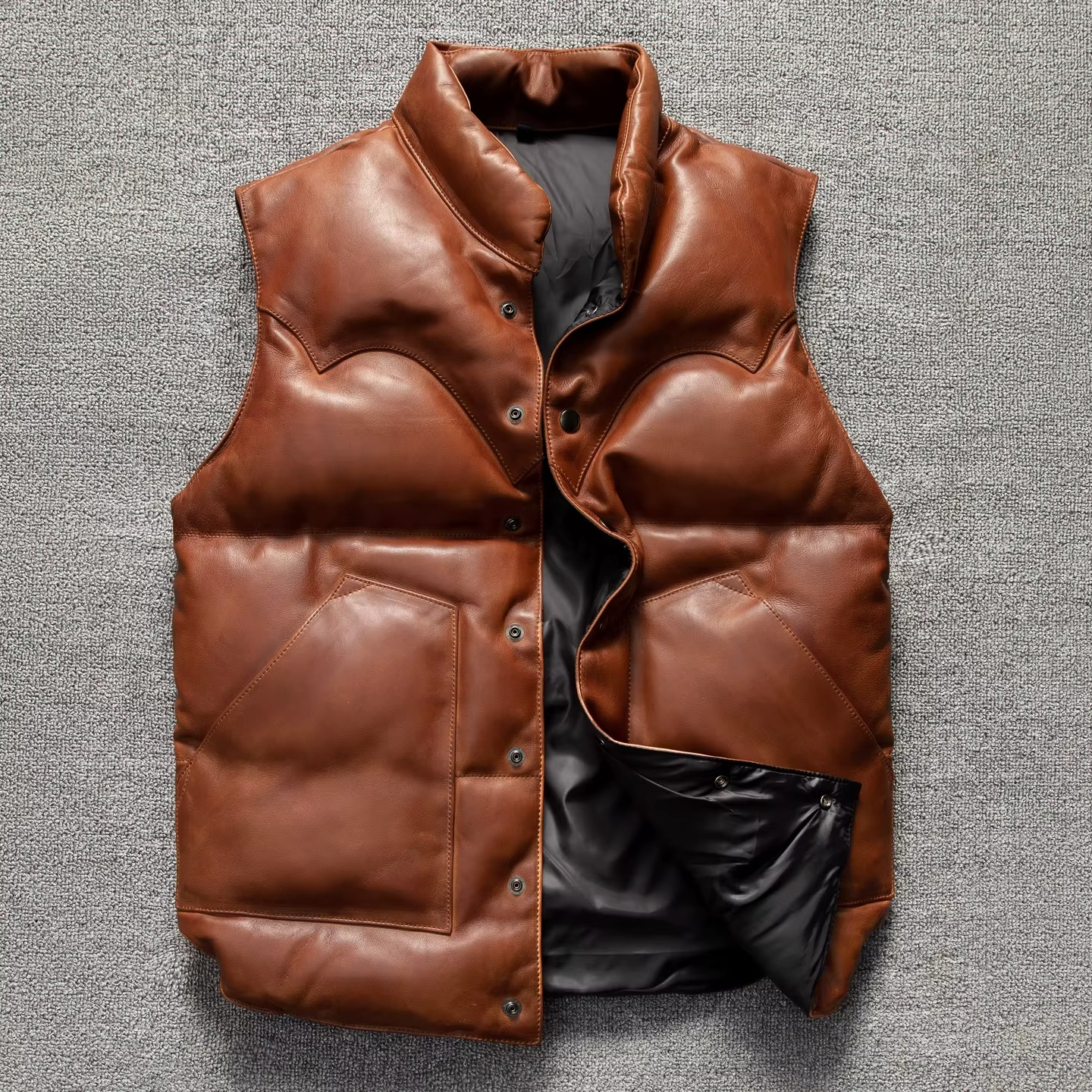 Men's dark brown quilted lambskin leather puffer biker vest with premium insulation for motorcycle riders