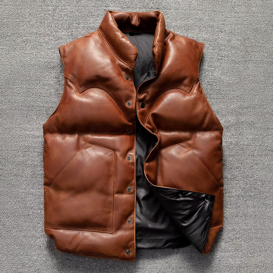 Men's dark brown quilted lambskin leather puffer biker vest with premium insulation for motorcycle riders