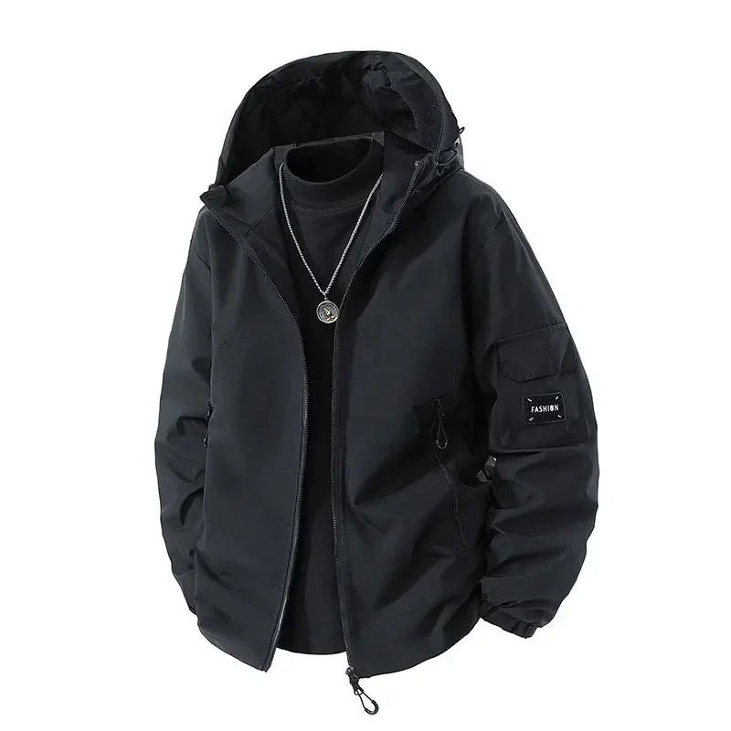 Men's oversized winter ski jacket with hood, sport-urban style, structured cold-weather performance layer