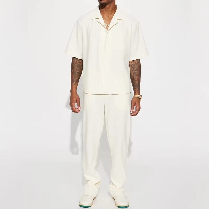 Men's solid two-piece streetwear set short sleeve lapel shirt matching pants elastic waist casual style