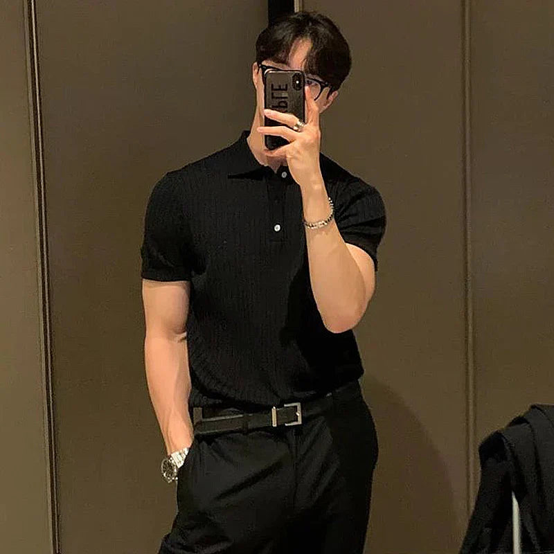 Men's slim fit ribbed polo shirt breathable short sleeve structured everyday wear