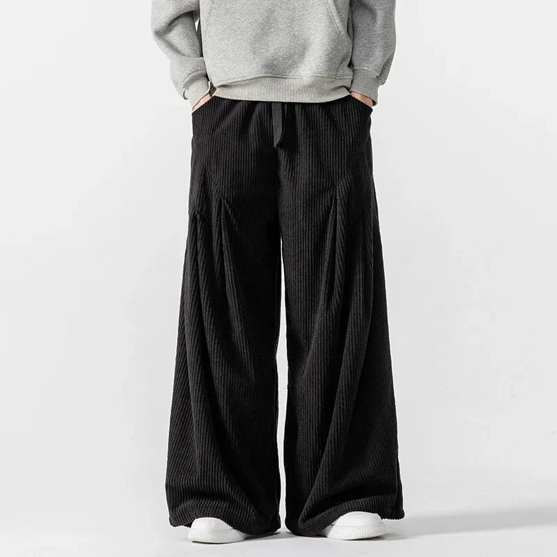 Women's corduroy hakama pants flared wide-leg silhouette elastic waist pleated oversized fit