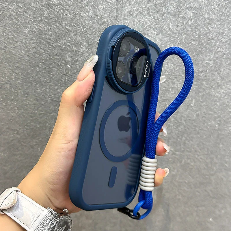 Rugged paracord iPhone case with ergonomic wrist strap, foldable lens stand, MagSafe compatible