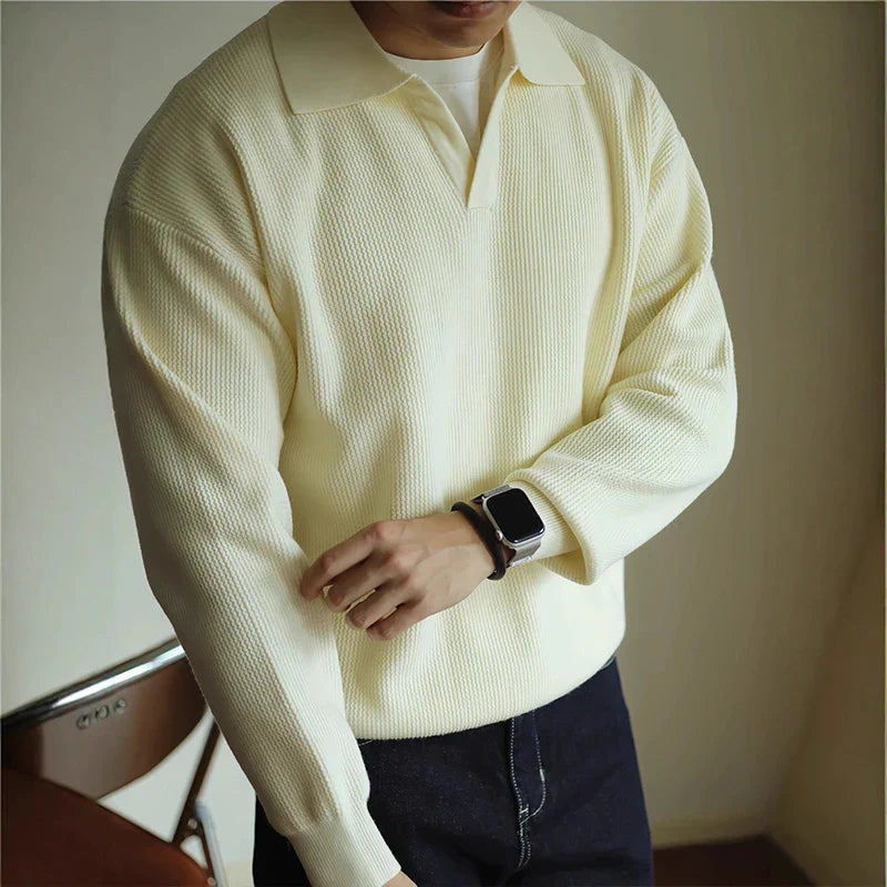 Men's fine-gauge knit polo shirt open V-collar lightweight breathable slim fit casual elegant top
