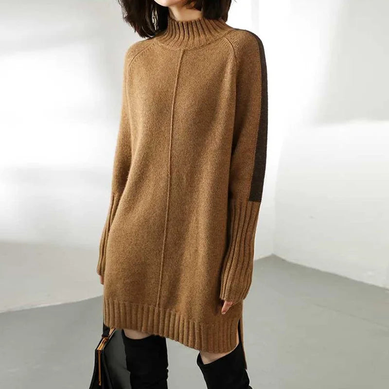 Women's oversized turtleneck knit sweater dress in cozy casual chic style with relaxed fit