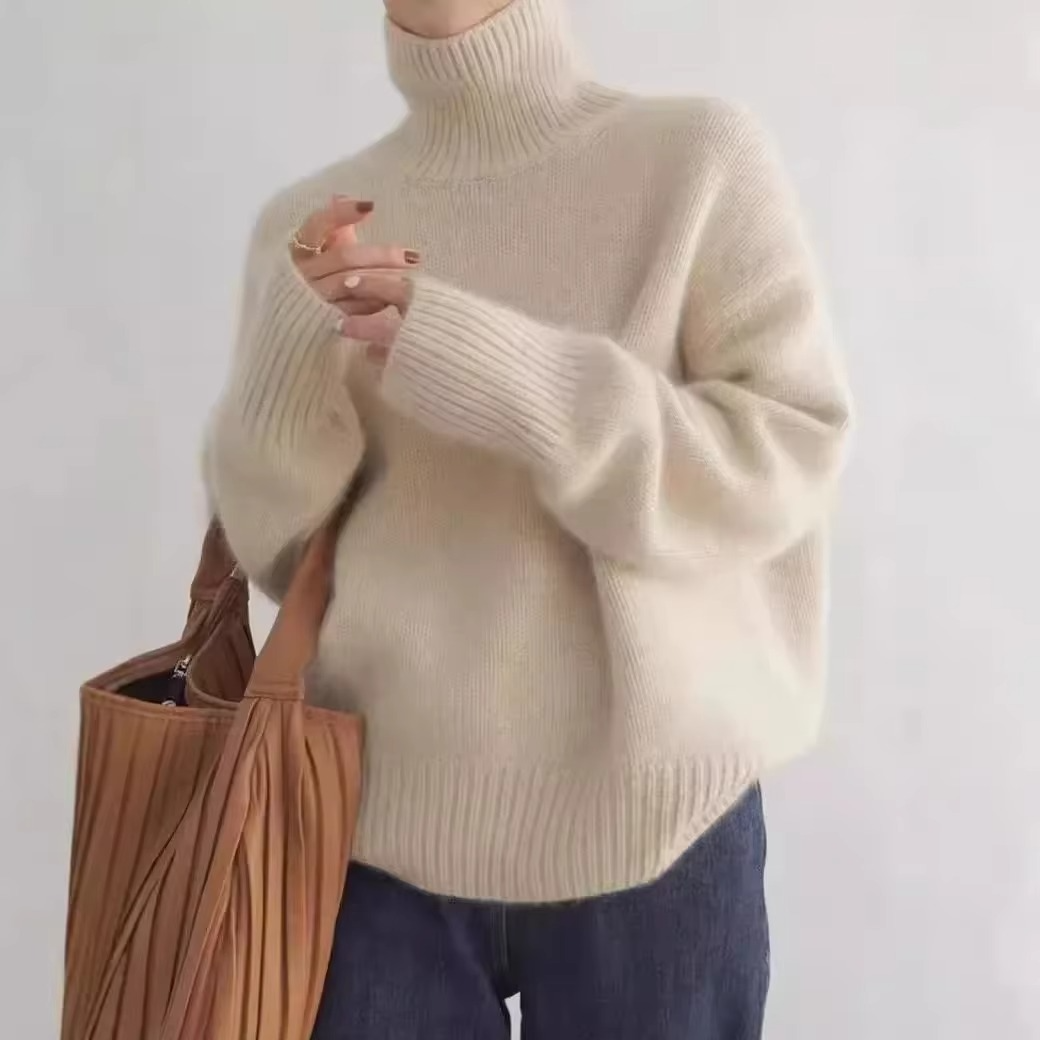 Women's loose fit high neck knit sweater in cozy autumn tones, long sleeve pullover with relaxed silhouette