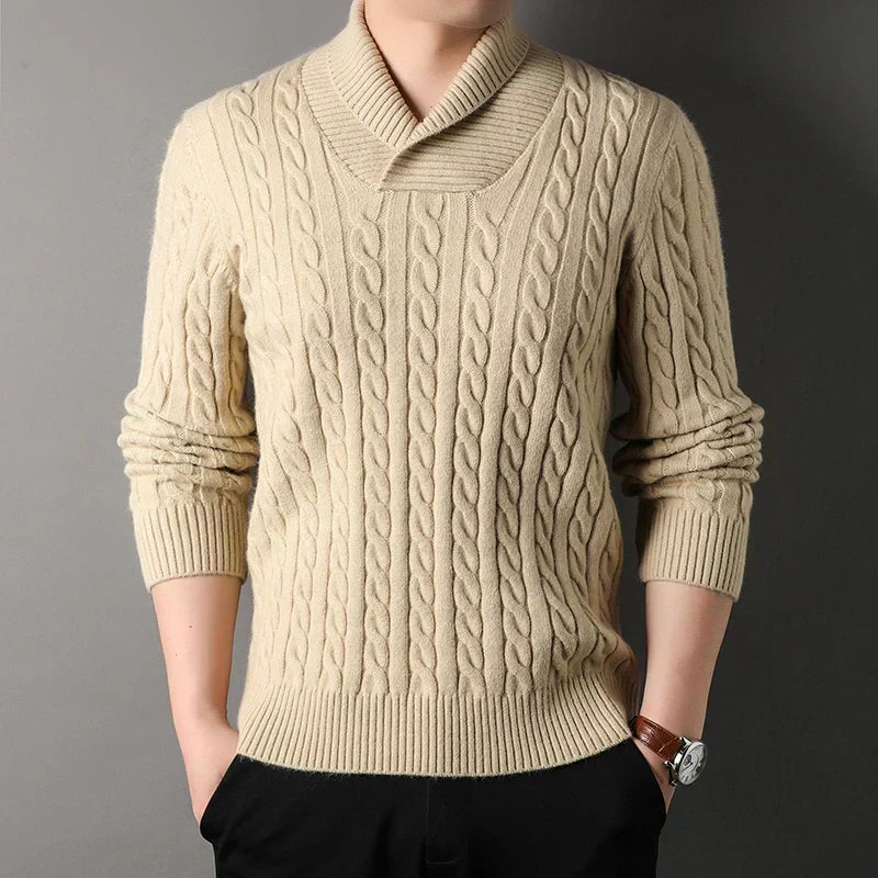 Men's cable knit shawl collar sweater neutral tone mid-weight fold-over collar classic texture