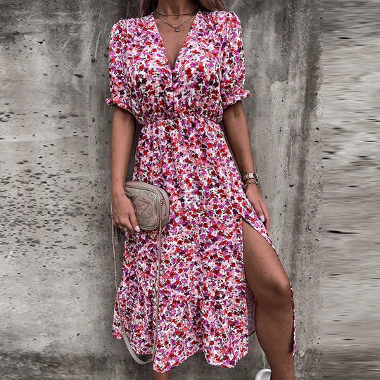 Poppy | Women's Floral Midi Dress V-Neck Smocked Waist Side Split