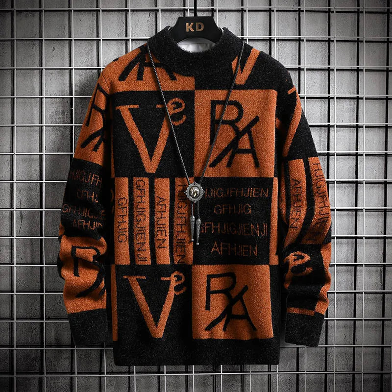 Bold graphic knit sweater with oversized letter prints, streetwear-inspired contrast palette cozy fit