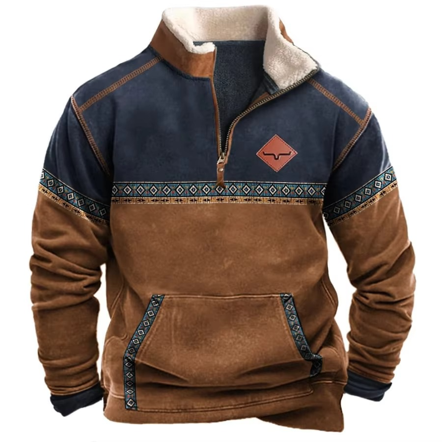 Men's retro 3D printed hooded jacket with faux leather collar, bold streetwear graphics, full-zip