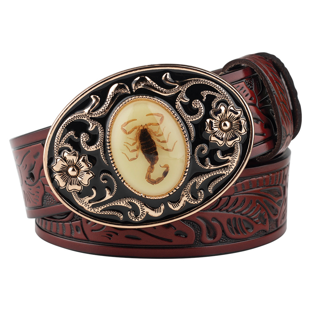 Premium brown leather western belt with embossed finish and bold metal scorpion buckle detail