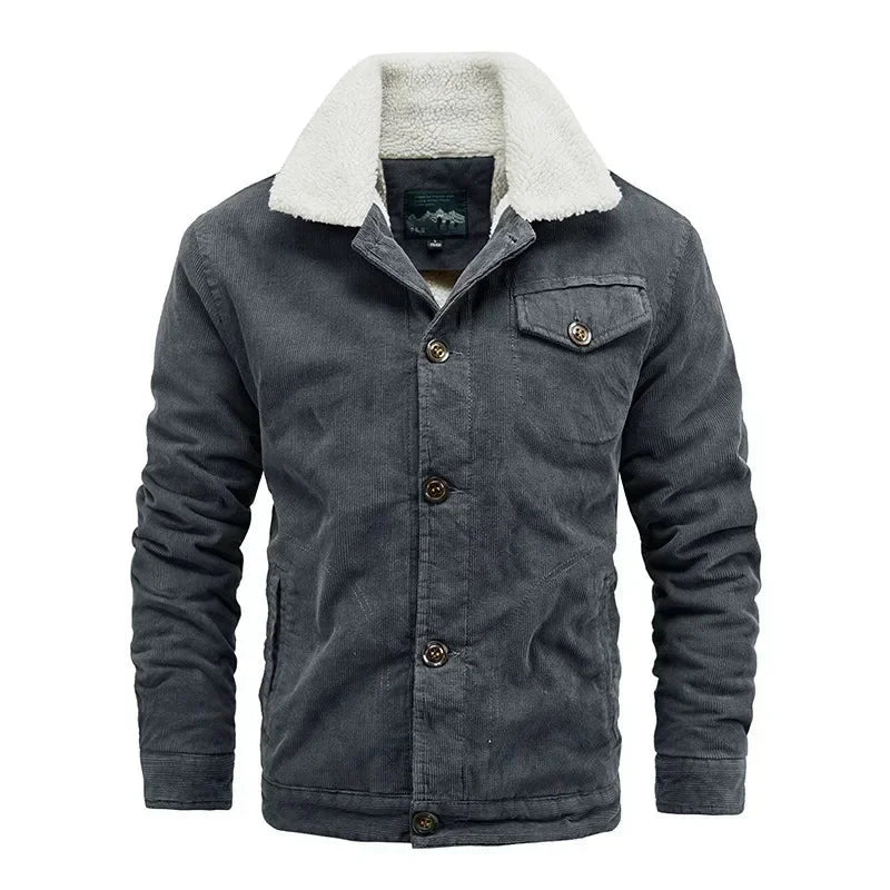 Men's relaxed fit corduroy jacket with cozy sherpa collar for casual warmth