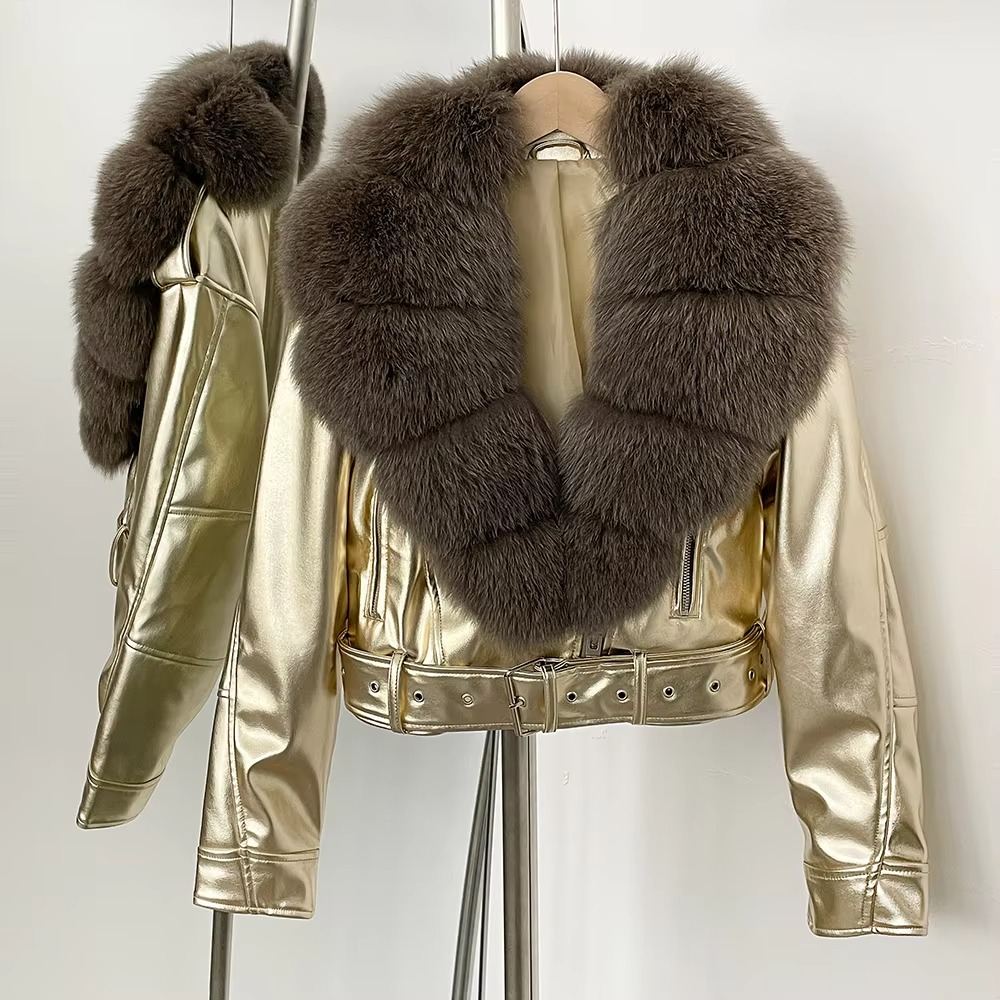 Women's black faux leather coat with faux fur collar, lightweight chic winter style